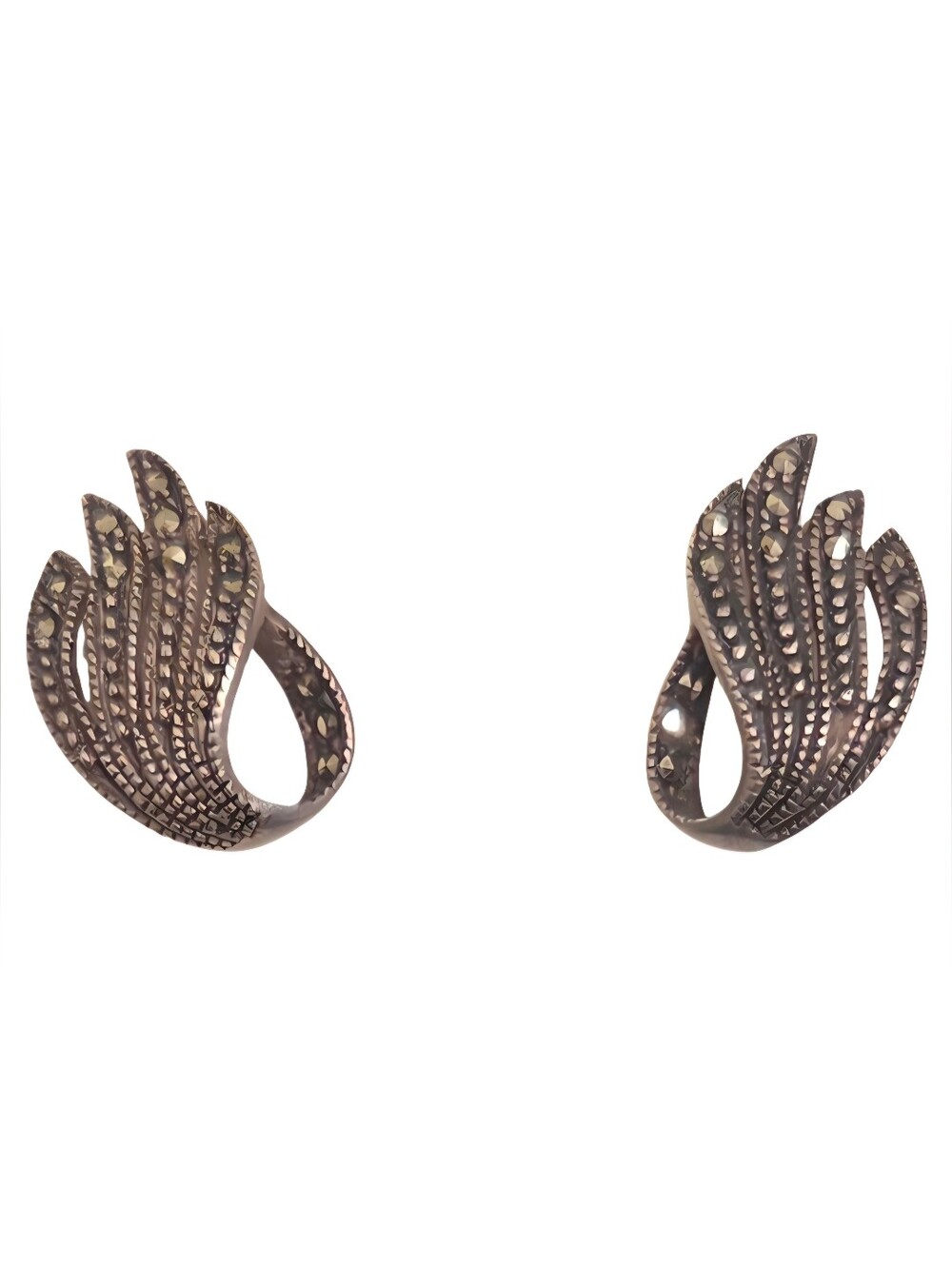 Vintage 925 Sterling Silver Marcasite Wing Feather Half Hoop Earrings Art Deco